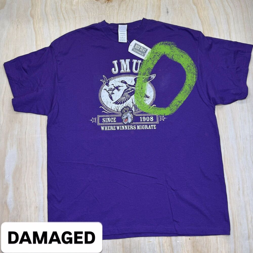 NEW DAMAGED JMU James Madison University Dukes Box Seat Clothing Co Shirt Sz 2XL